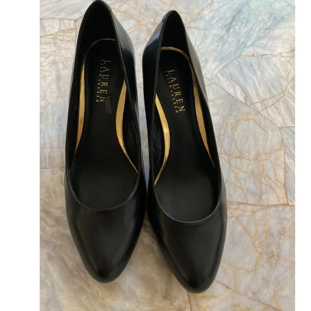 Lauren Ralph Lauren Harper Black Leather Round Toe Stiletto Pumps 7B 11739 E 14